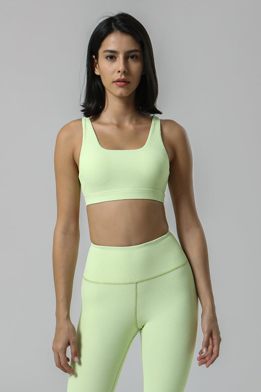 夏季新款锦纶高弹罗纹瑜伽裤套装女 跑步高腰健身服运动套装2116